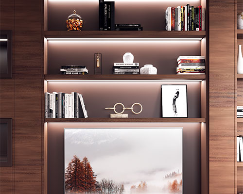 Zona giorno completa di mensole e spazio TVLiving solution with shelves and TV space